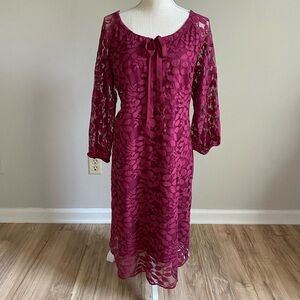 chinese dress ladies Garnet Hill Red Burgandy Lace 3/4 Bell Sleeve Midi Lined Cocktail Shift  Dress 12